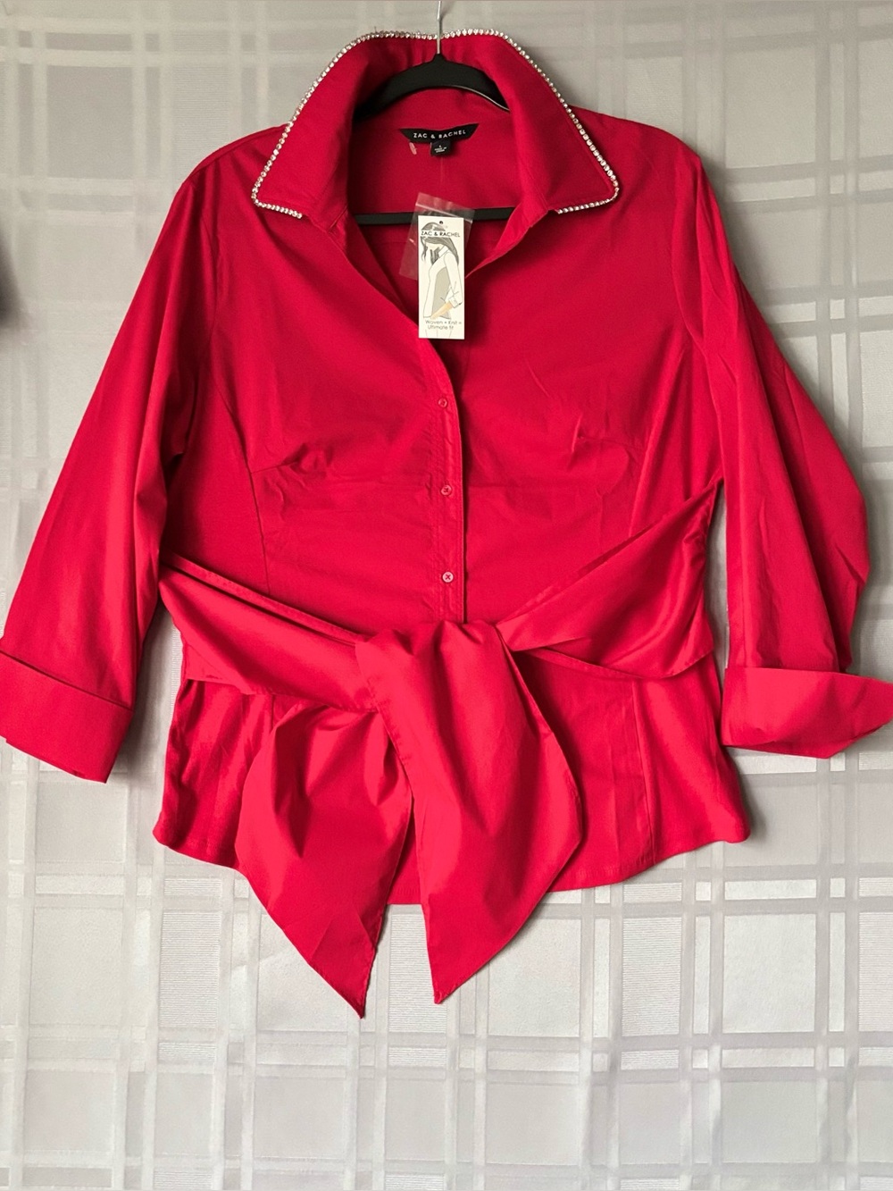 Zac & Rachel Hot Pink Button-Front Tie-Waist Shirt with Contrast Trim